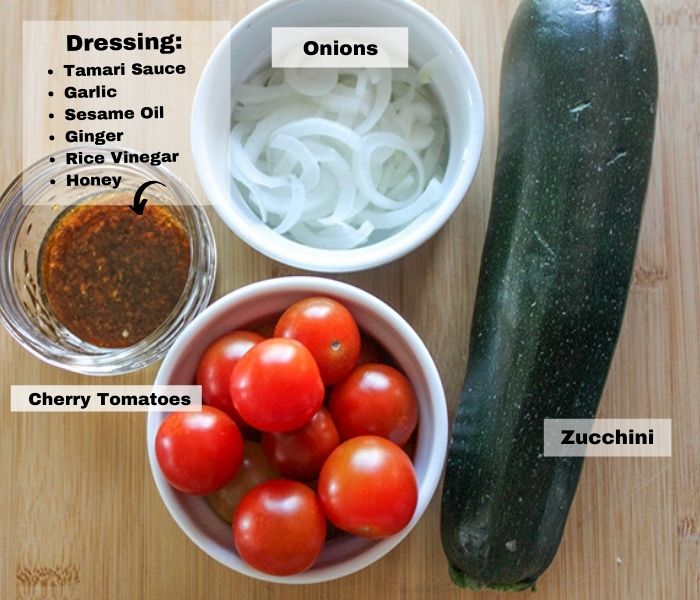 This photo is to show the ingredients of Asian Zucchini Ribbons Salad With Cherry Tomatoes. Ingredients pictured are zucchini, cherry tomatoes, onions and dressing. Text overlay for dressing says: tamari sauce, garlic, sesame oil, ginger, rice vinegar and honey.
