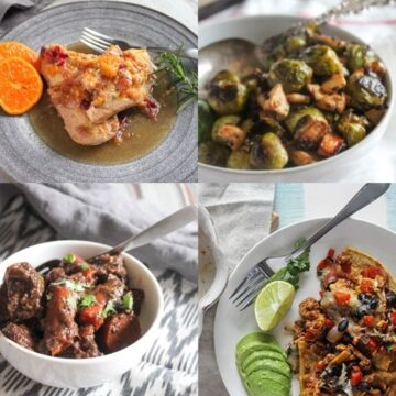 a collage of reicpes: beef stew, slow cooked orange chicken, chicken casserole and roasted brussels sprouts