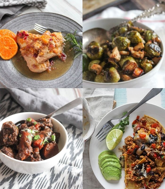 a collage of menu ideas: orange chicken in a plate, roasted brussels sprouts in a bowl, beef stew and southwest chicken casserole