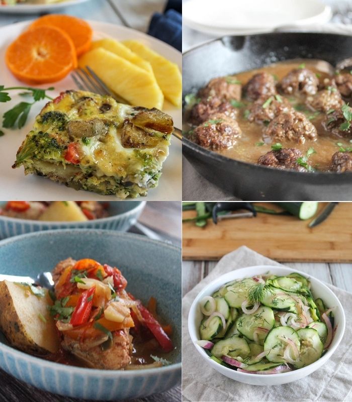 a collage of recipe ideas, chipotle chicken, cucumbers, breakfast casserole and Swedish meatballs
