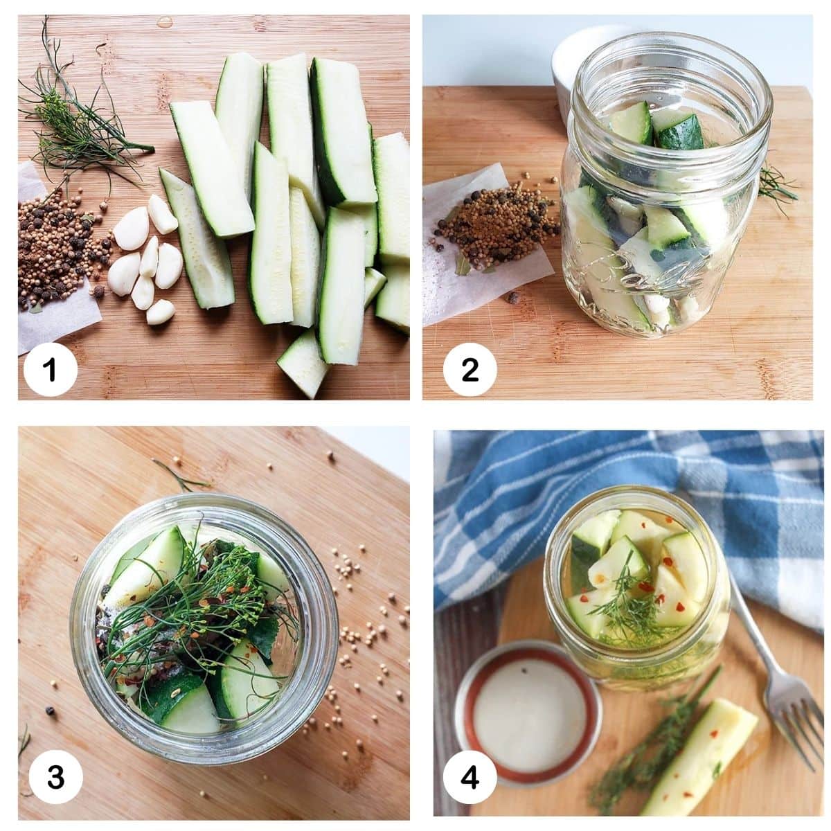 a collage of photos showing the steps for making zucchini pickles