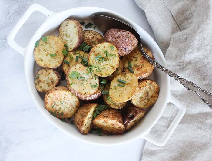 looking down at air fryer potatoes