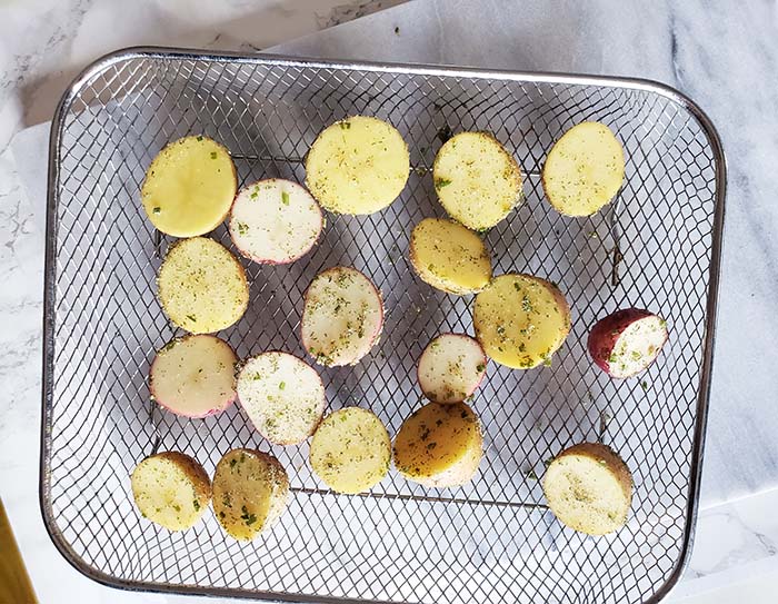 baby potatoes on air fryer tray