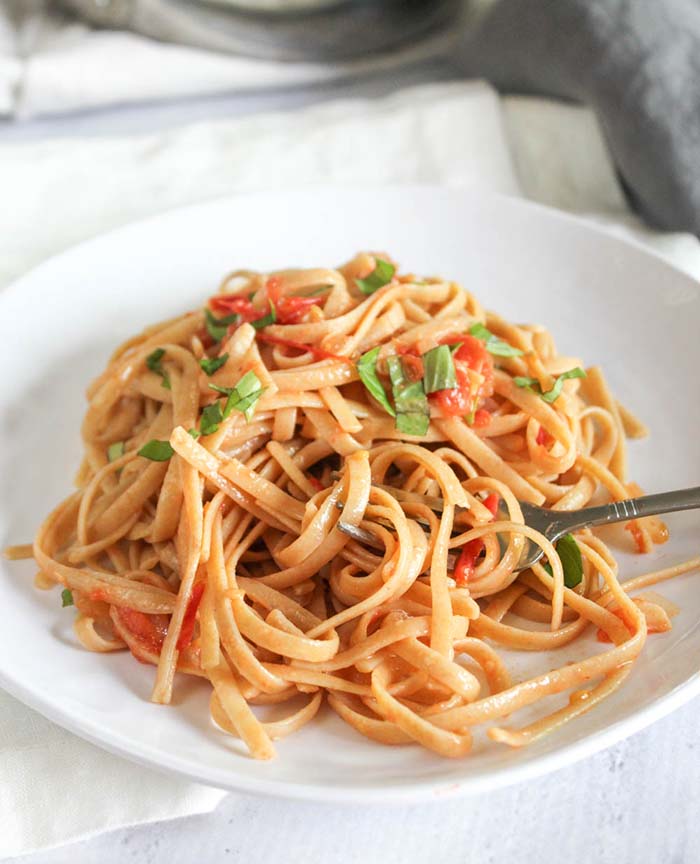 A white plate of pasta with blush sauce