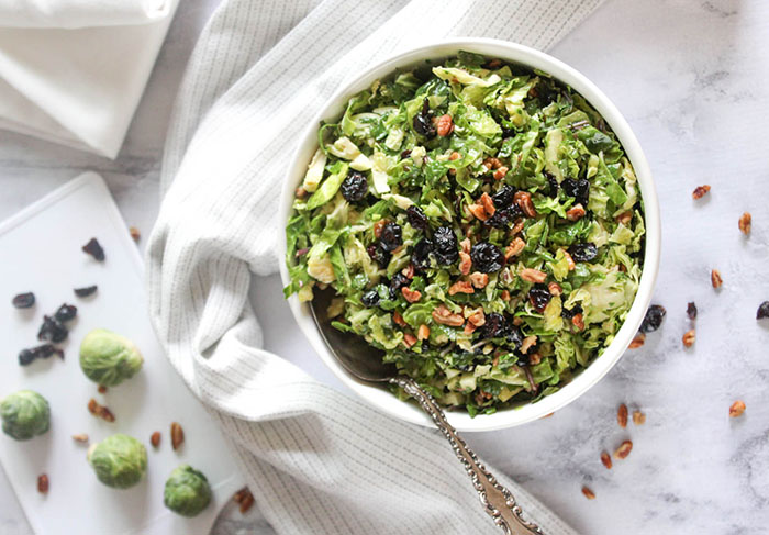 overhead view of the salad in a bowl with a spoon