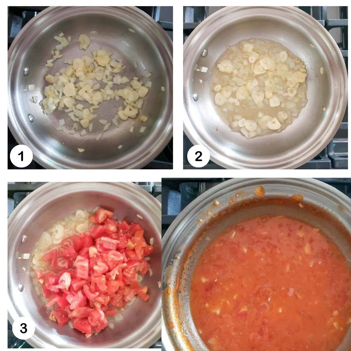 a collage of pictures for steps to make blush sauce: cook aromatics, add wine, add tomatoes, add cream