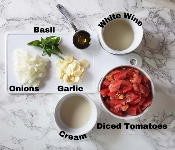 The ingredients: onions, garlic, basil,, tomatoes, cream, white wine & olive oil