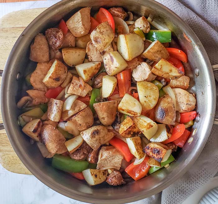 skillet with mushrooms and peppers 