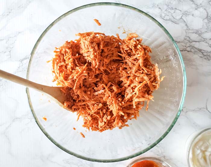 Shredded sweet potatoes in a bowl