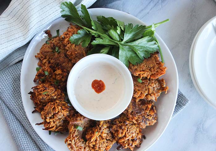 overhead view of sweet potato fritters