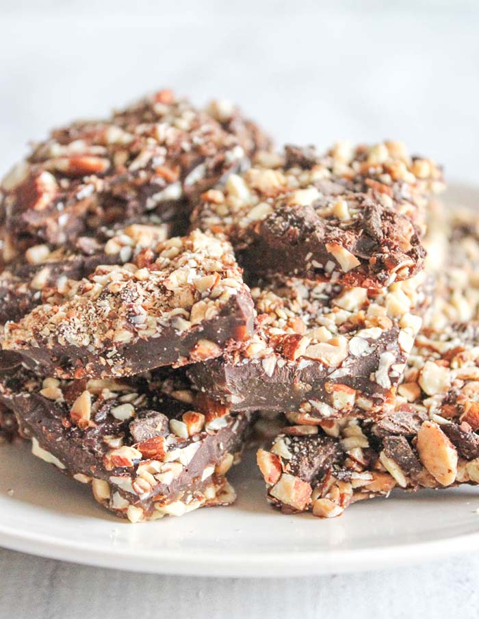 dark chocolate almond toffee on a plate