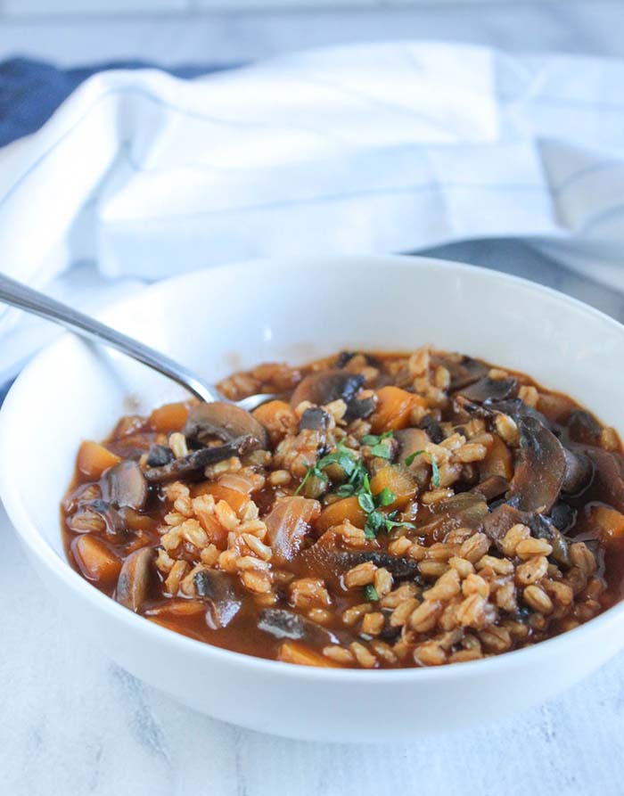 mushroom barley soup close up in a bowl