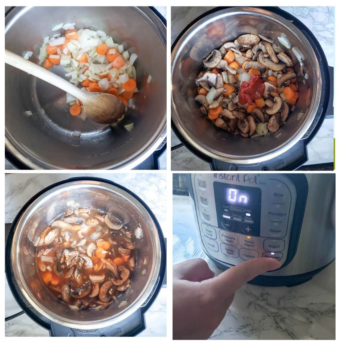 a collage of pictures showing the steps of barley mushroom soup