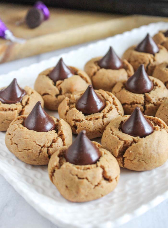 Closeup image of Peanut Butter Blossoms Cookies on a serving tray.