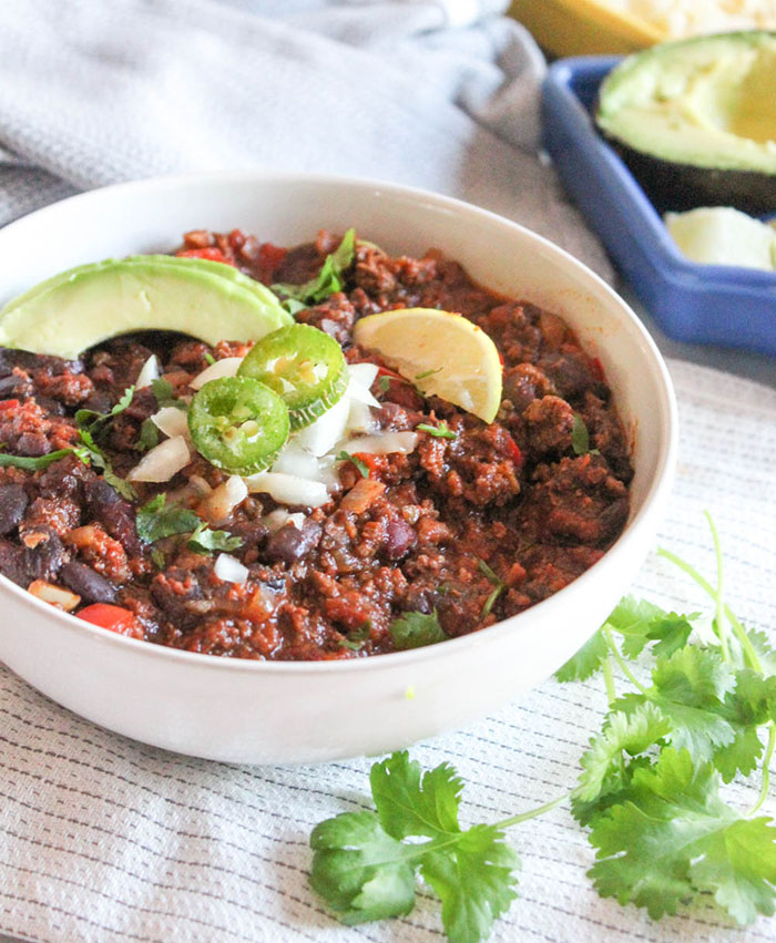 chili in a white bowl