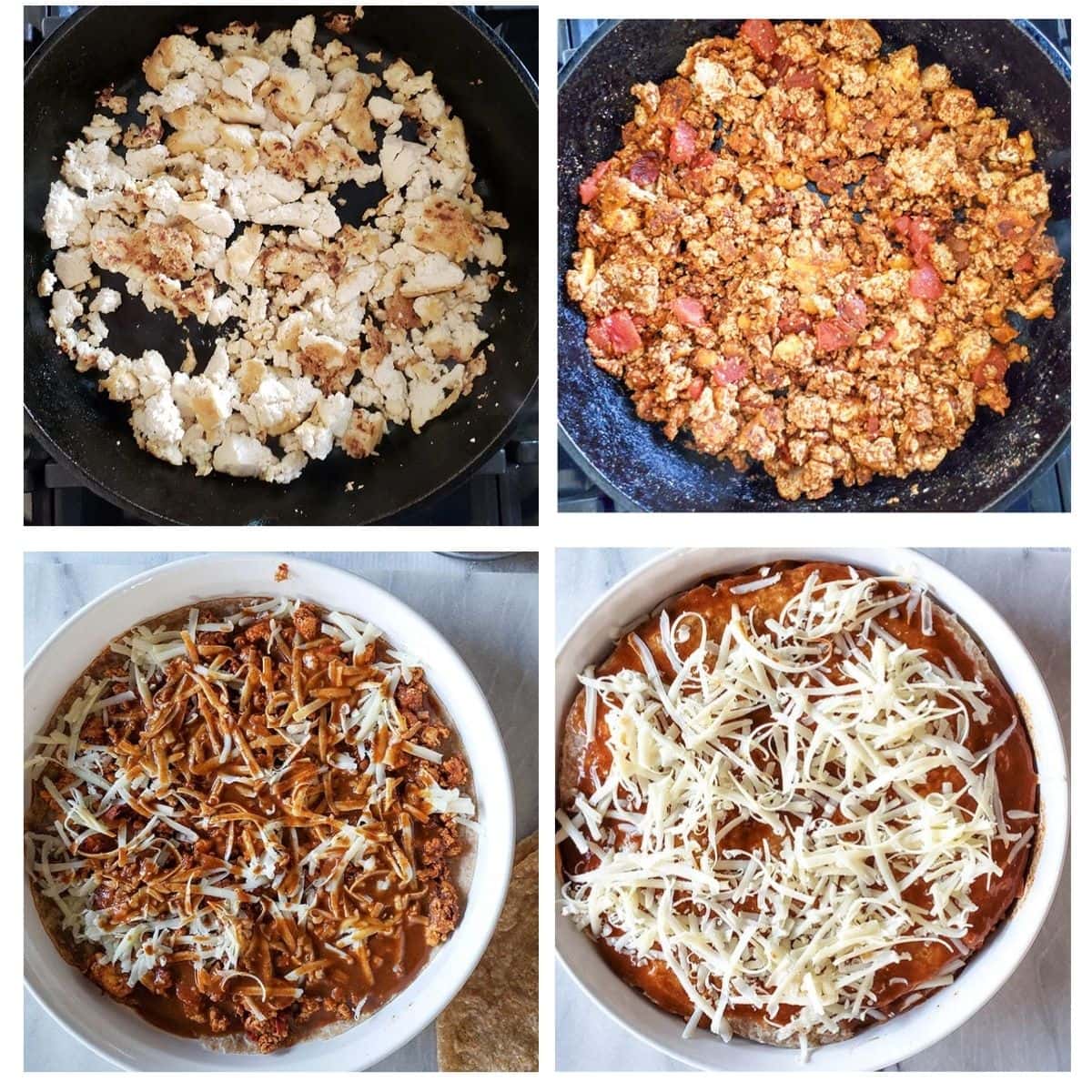 a collage showing the steps to make tofu enchilada casserole