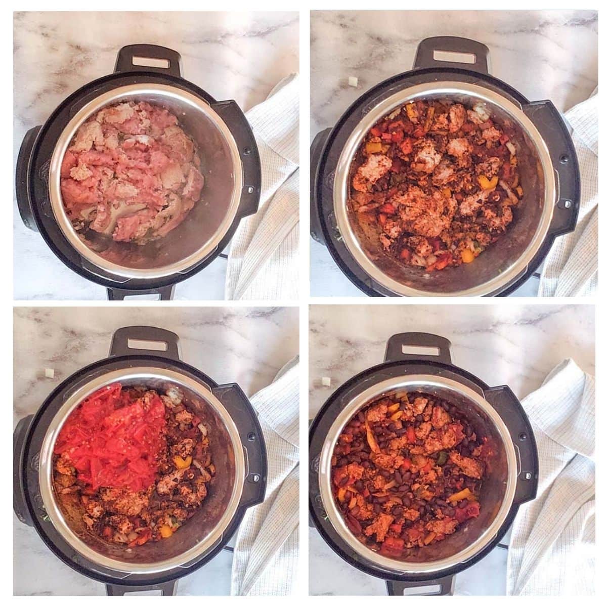 A collage of the process steps needed to make turkey chili in an instant pot