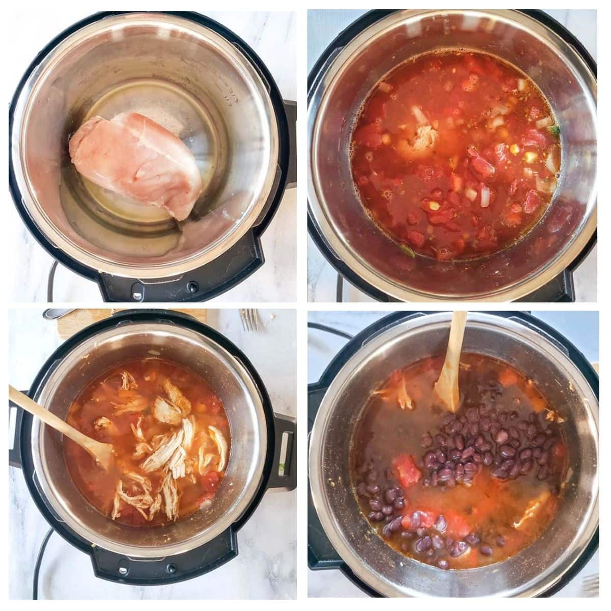 a picture of 4 process steps to make the chicken tortilla soup in a pressure cooker