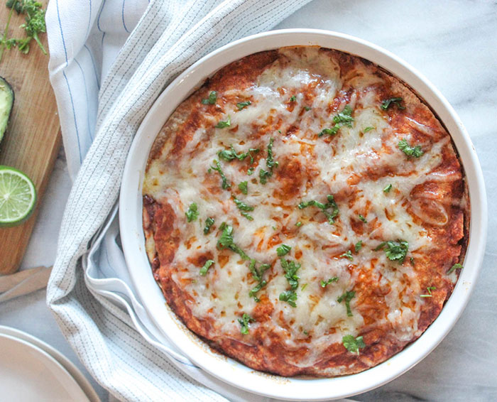 overhead view of cooked enchilda casserole