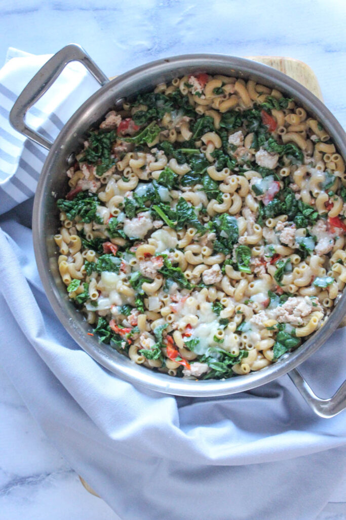 ground chicken and pasta casserole in a pan