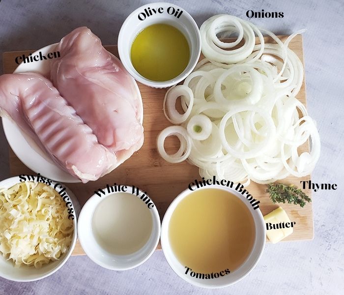 Onion chicken soup ingredients on a cutting board