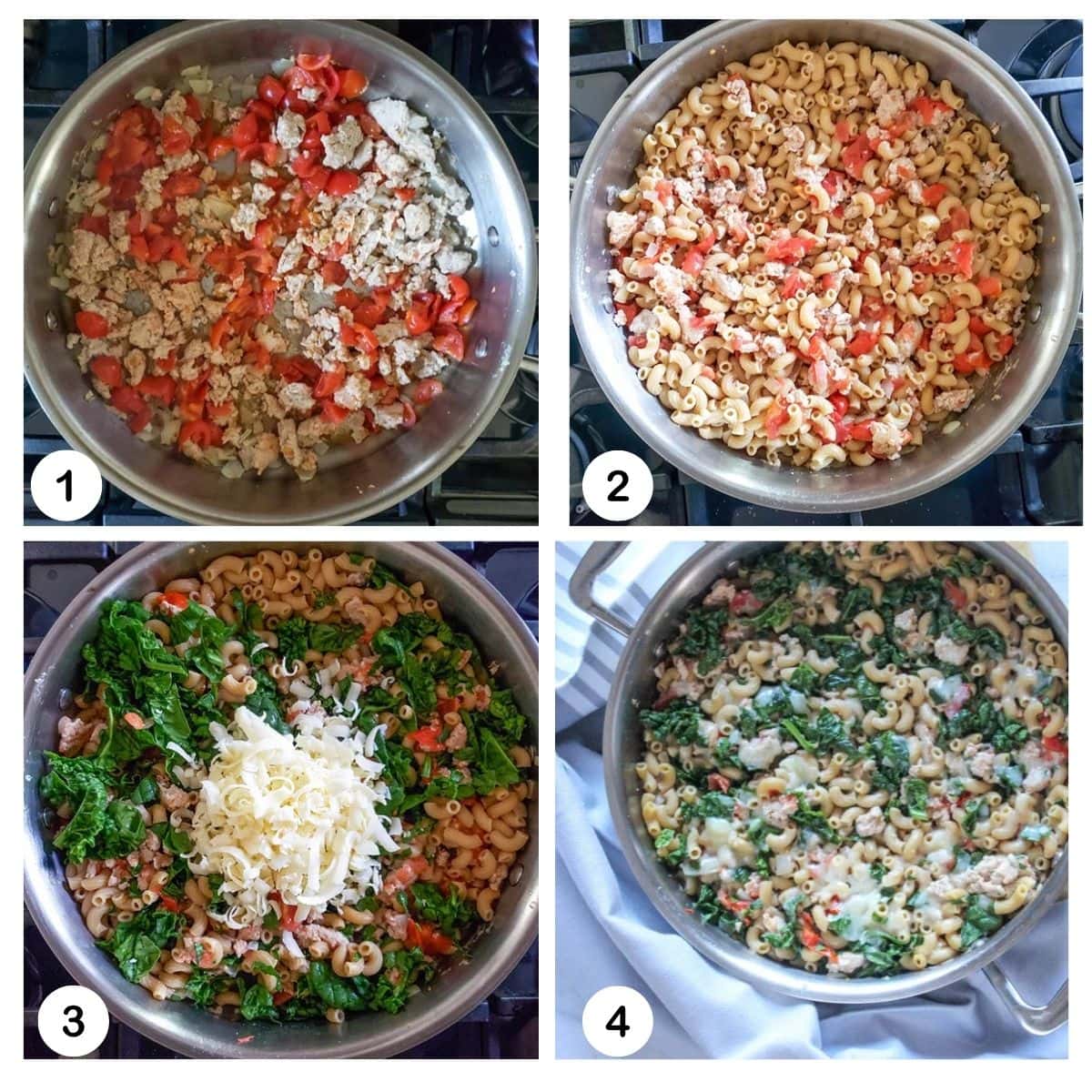 a picture of process steps needed to make ground chicken and pasta