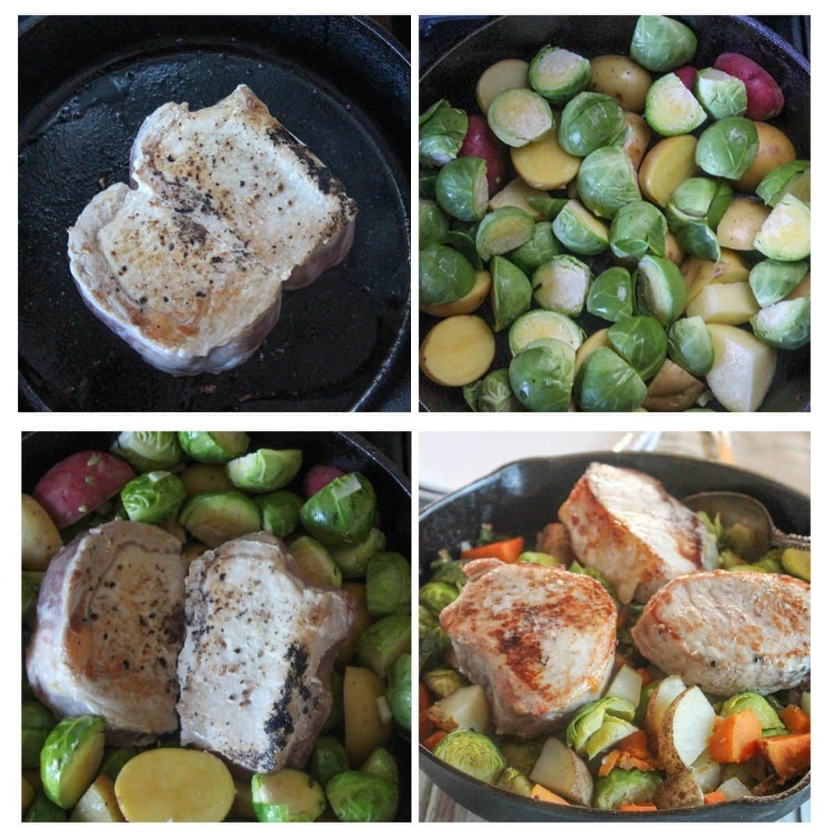 a picture of the 4 process steps to make pork chops with veggies: pork cooking in pan, veggies cooking in pan, and pork added to veggies.