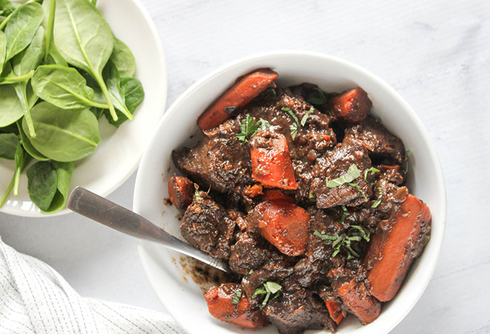 overhead view of beef stew in a bowl