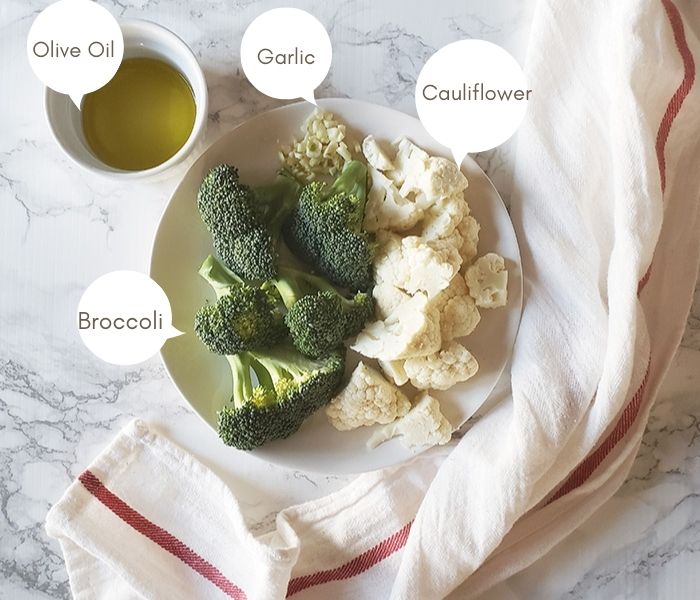 The ingredients needed to make air fryer broccoli and cauliflower