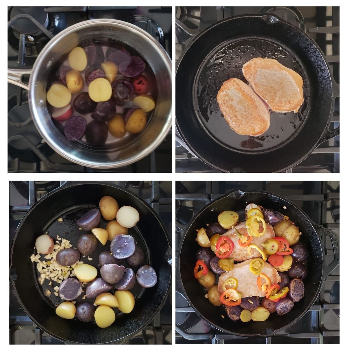 a collage of the four steps needed to make this pork chops with vinegar and pepeprs. Par-boil  potatoes, sear pork chops, cook potatoes and garlic, add pork and peppers
