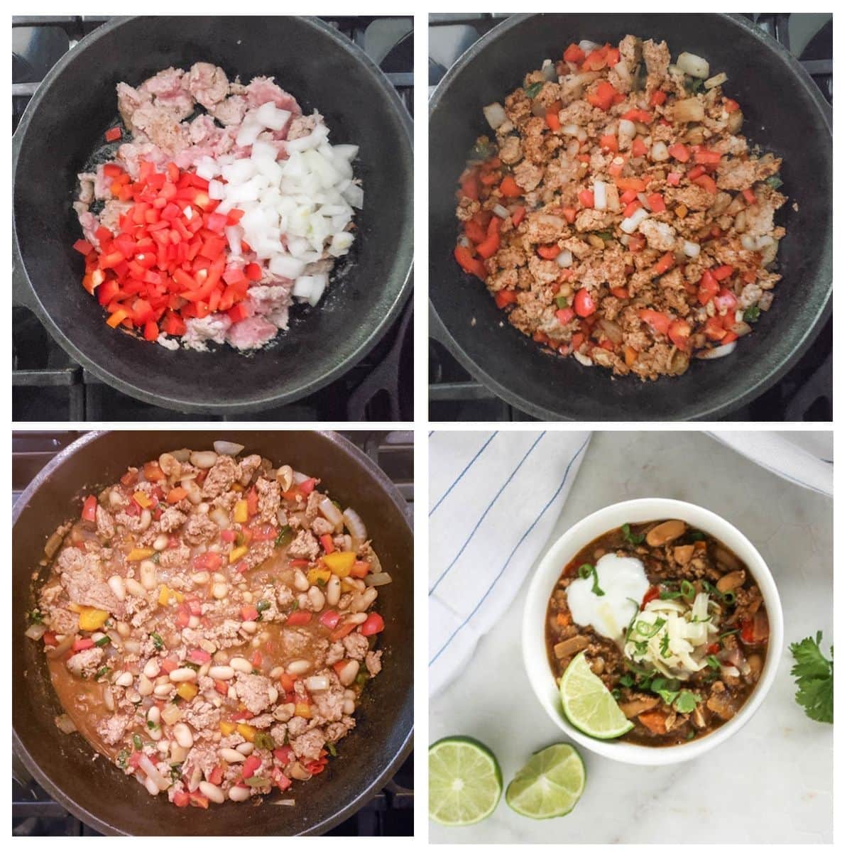 a collage showing the steps to make turkey chili soup starting with browngin themeat and veggies up to a finished bowl of soup.