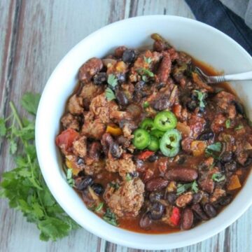turkey chili topped with jalapeno pepper slices