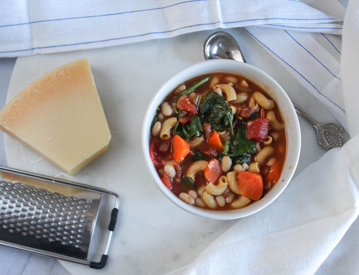 an overhead view of soup in a bowl