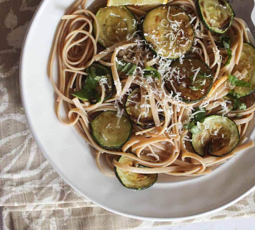 overhead view of zucchini pasta finished