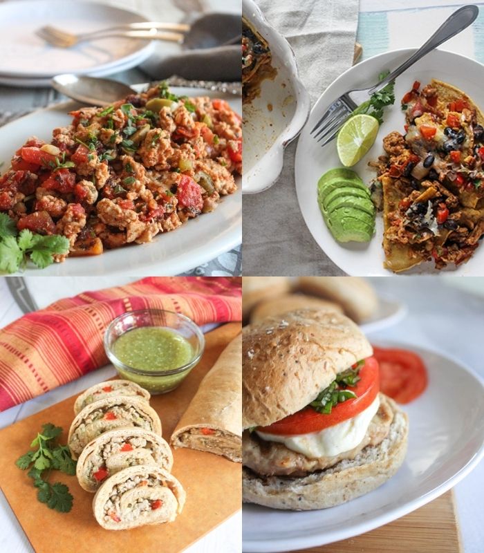 a collage of dishes made with ground chicken: chicken picadillo, ground chicken casserole, stromboli