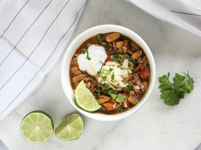 overhead view of turkey chili soup