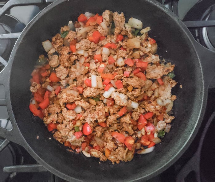 Step 3, turkey, veggies and spices cooking in a pan