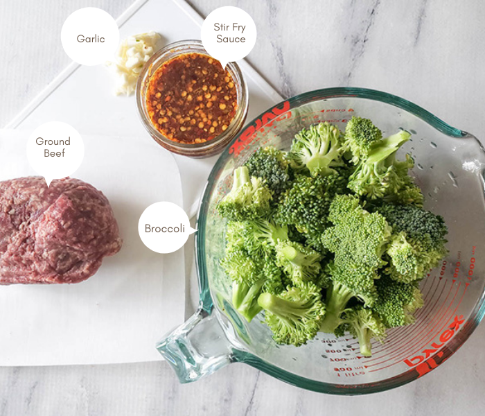 an overhead view of ground beef and broccoli ingredients