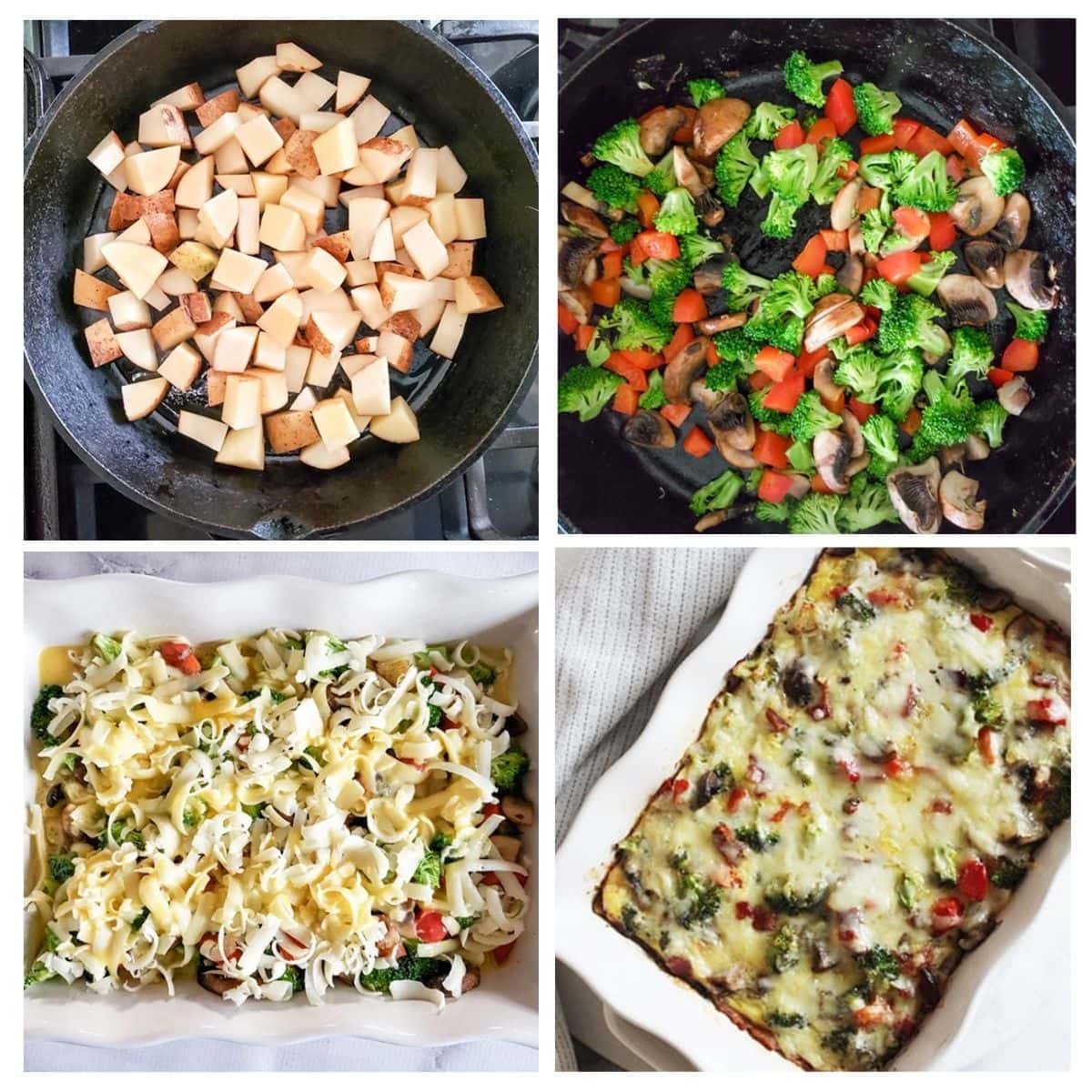 A hoto collage showing the process steps needed to make the breakfast casserole