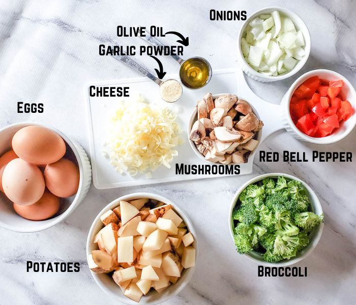 a view of the ingredients needed to make a vegetable breakfast casserole