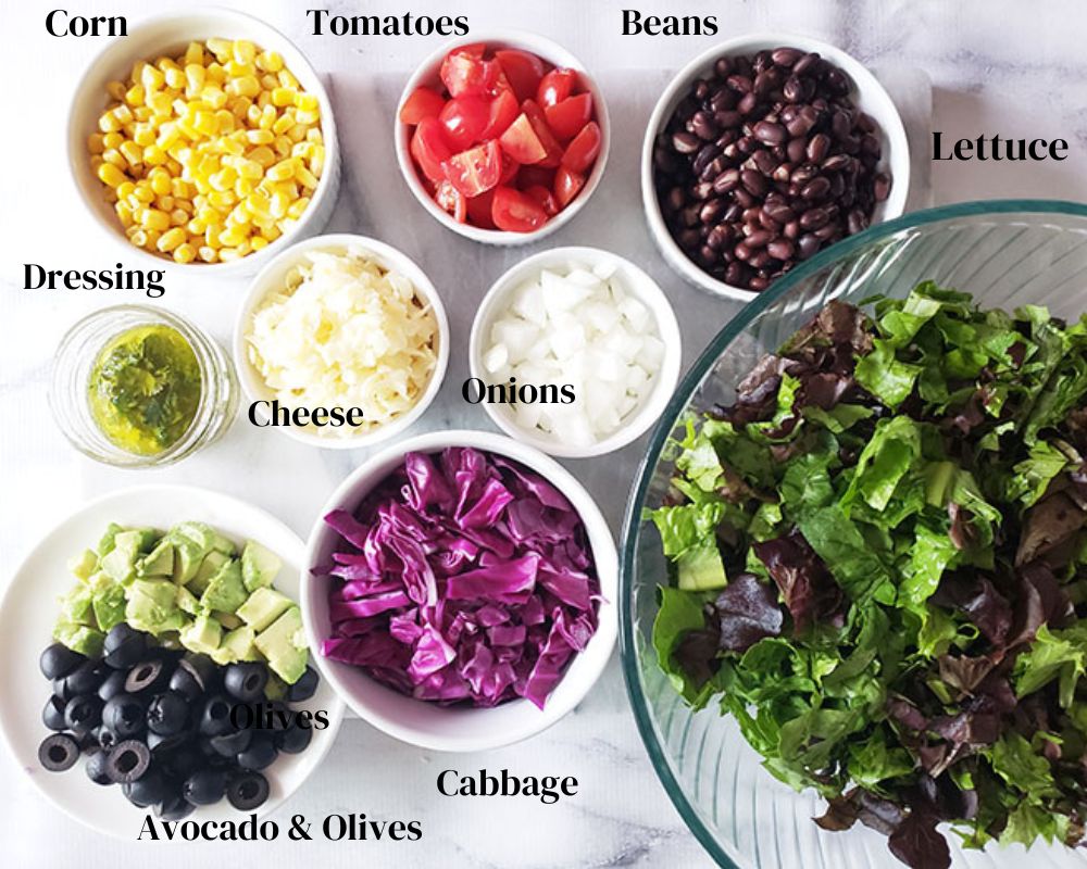 an overhead view of mexican chopped salad ingredients