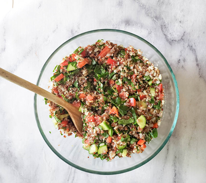 quinoa salad in a mixing bowl