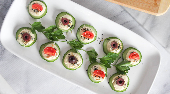 overhead view of cucumbers on a plate 