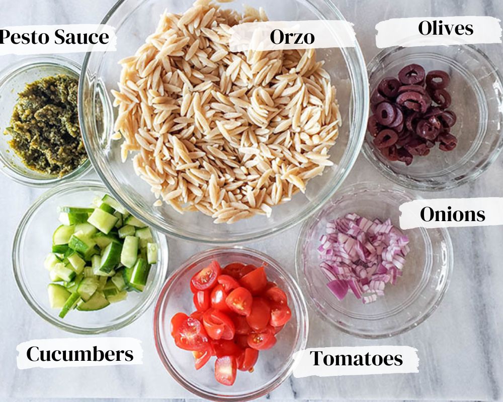 a photo of ingredients needed to make orzo pesto