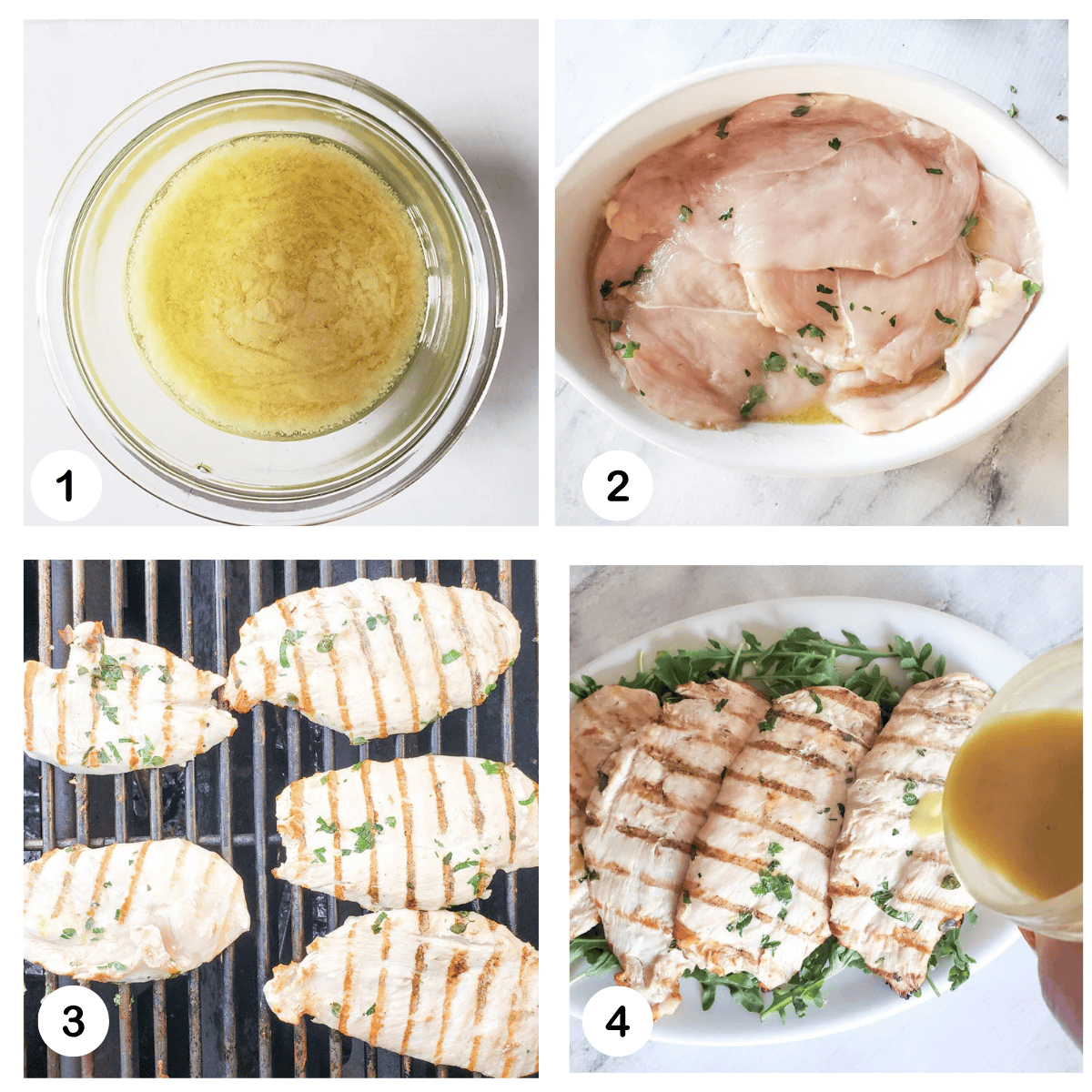 A collage of steps needed to make chicken paillard: make marindad, marinate chicken, grill, serve