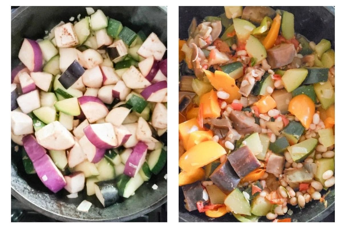 a two picture collage showing different stages of veggies cooking for giambotta