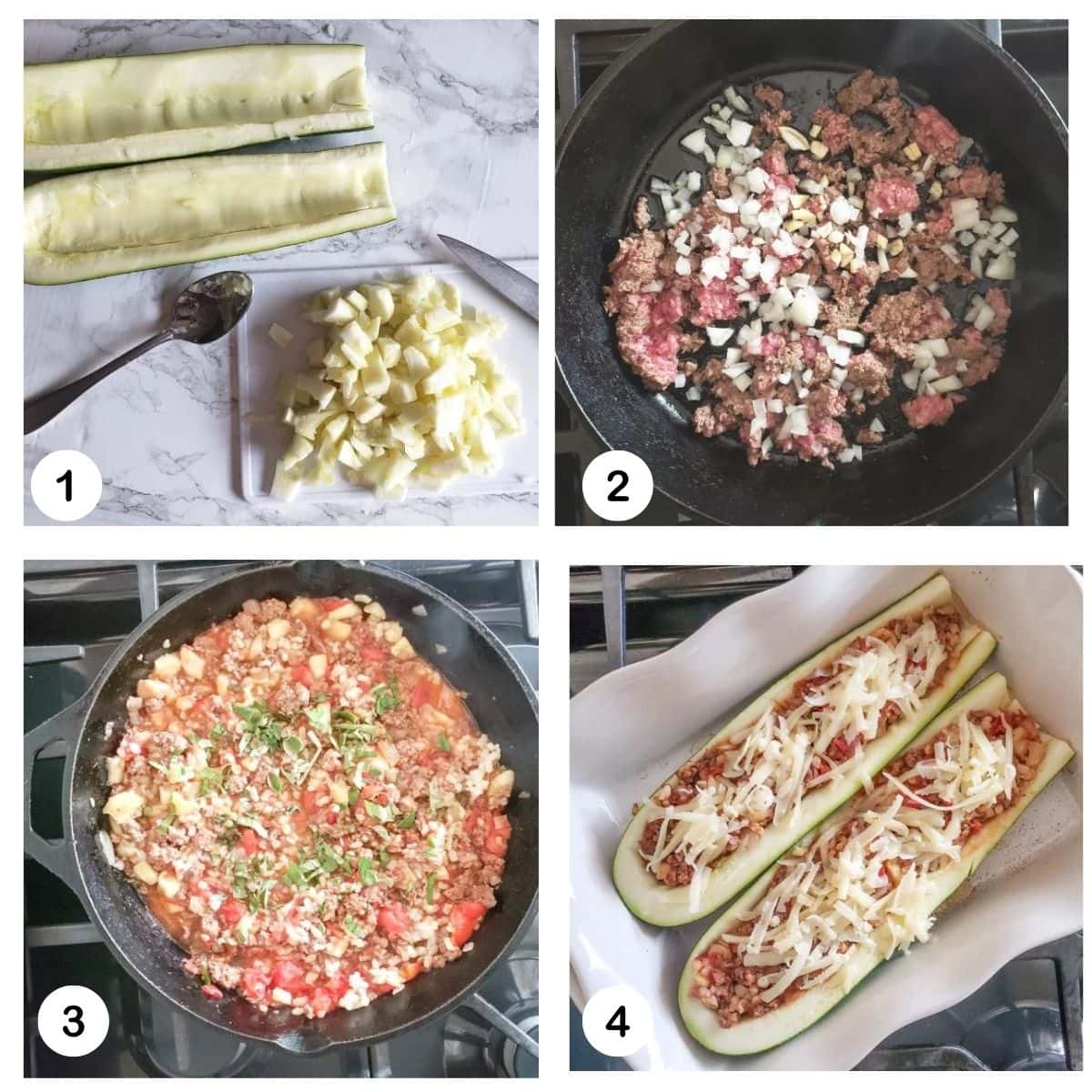 a collage if steps needed to make stuffed zucchini with ground beef