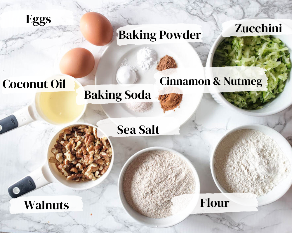 overhead view of zucchini bread ingredients