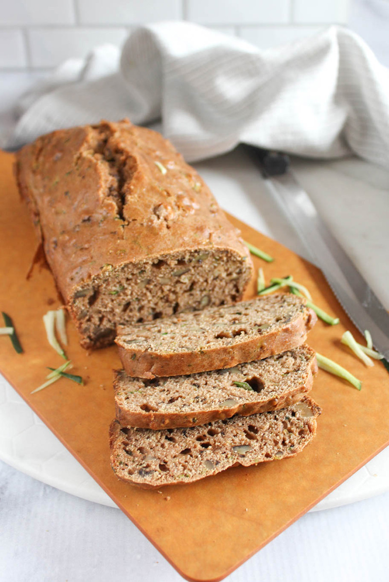 bread machine zucchini bread on a cutting board sliced