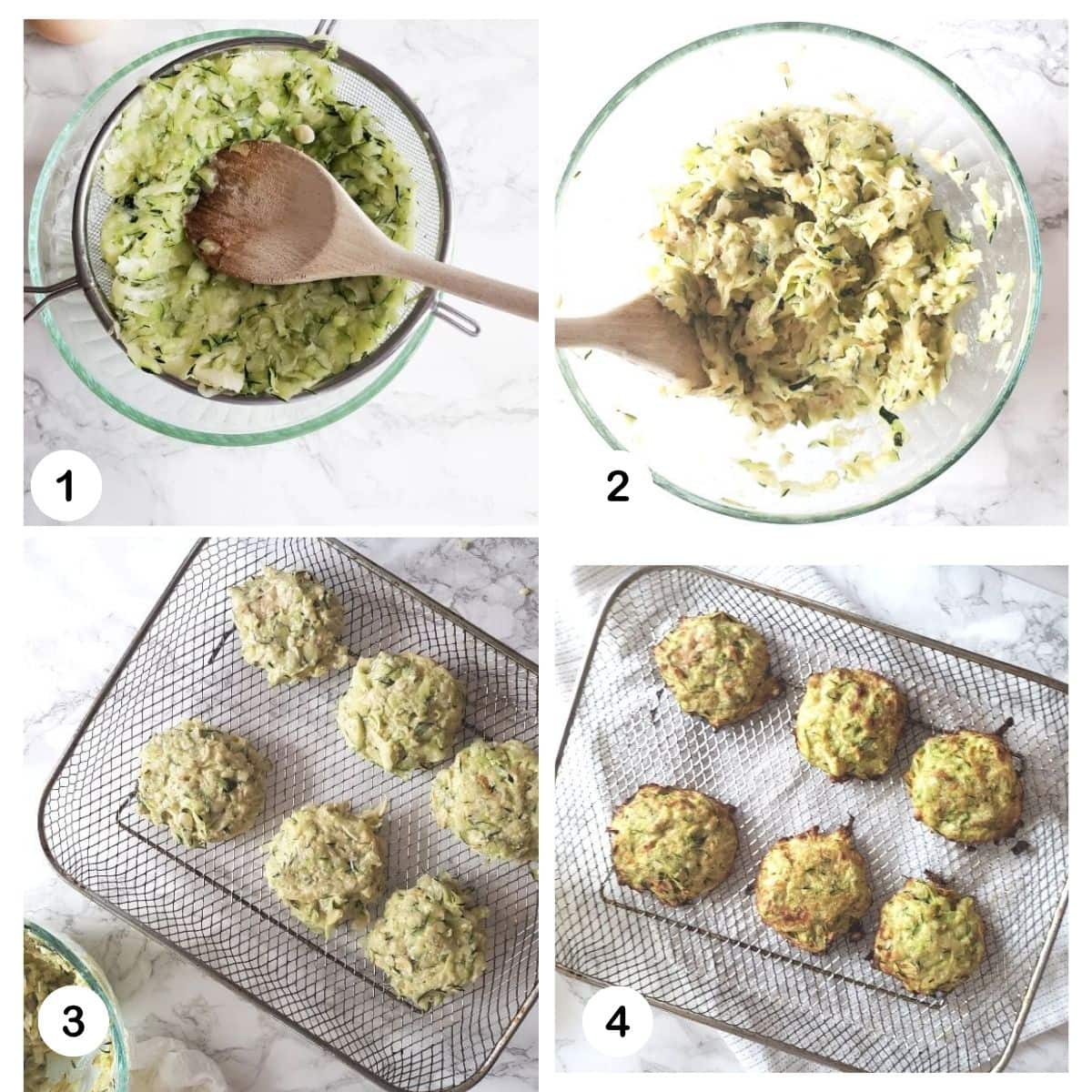 a collage of pictures showing the process steps needed to make air fryer zucchini fritters: press and strain, mix the batter, make the fritters, air fried til golden